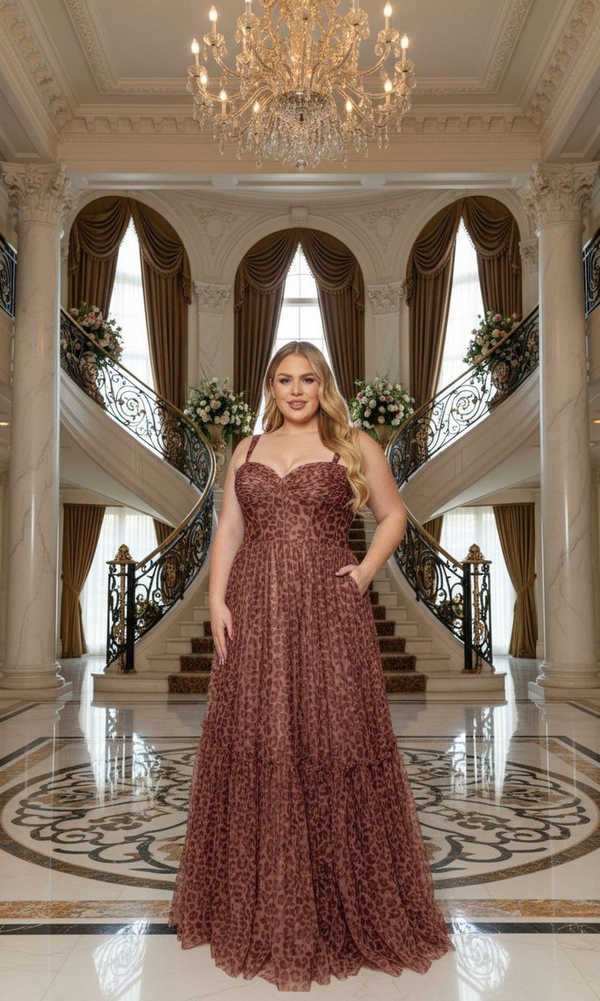 A woman wearing the Long Plus-Size Prom Dress: Poly USA W1226 poses at the base of a grand staircase in an elegant foyer with chandeliers and large windows.